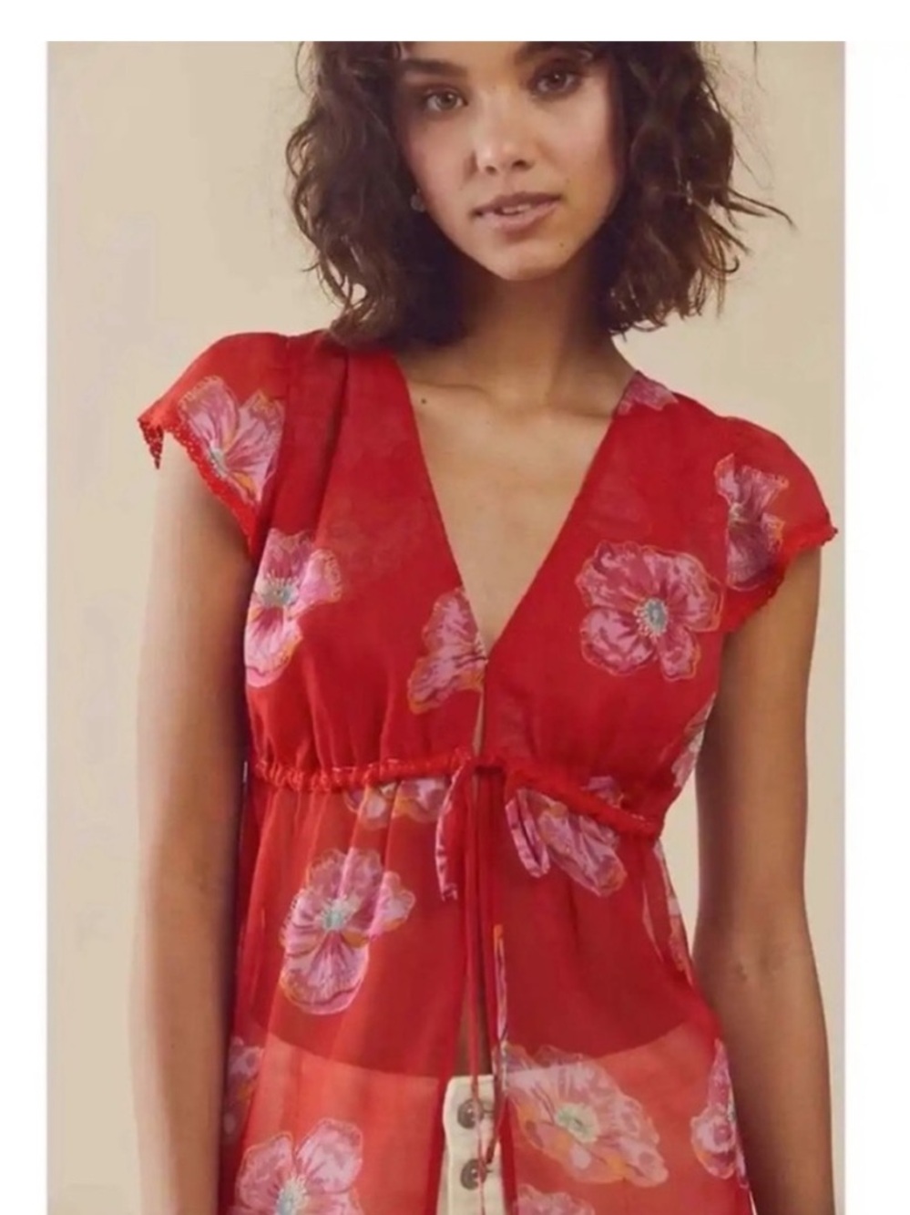 NWOT Free People Cecile Printed Sheer Floral Tie Front Top Red Pink Size Small - Picture 5 of 14